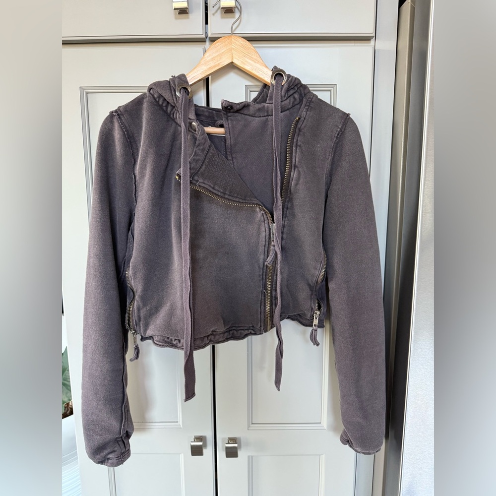We The Free People You Asked For It Moto Hoodie Jacket Size Small gray/black
